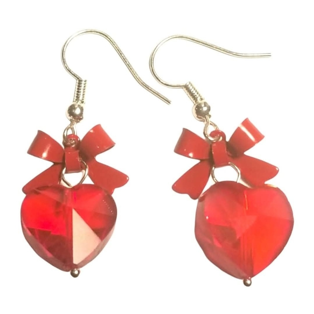 ⭐Red Heart with Bow Dangle Earrings Handmade 1.5" Long Women's Jewelry